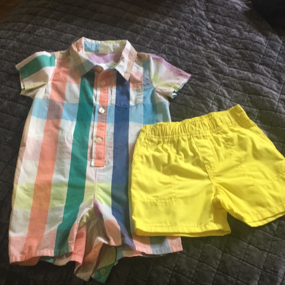 18-24 month yellow shorts and plaid romper